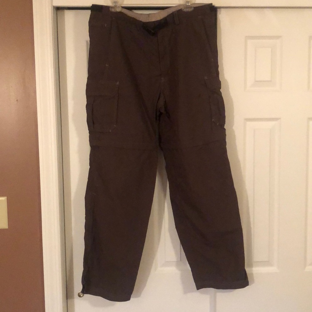 Brown REI cargo hiking pants/ convertible shorts.